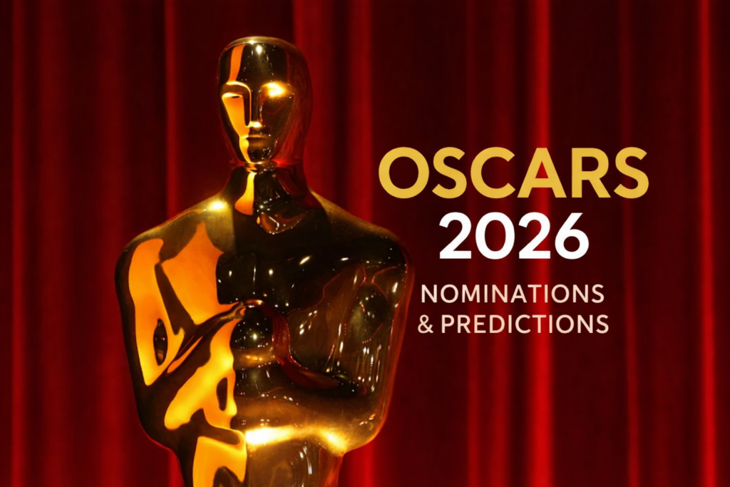 Gold Oscar statuette in front of red curtains representing the 2026 Academy Awards nominations and predictions